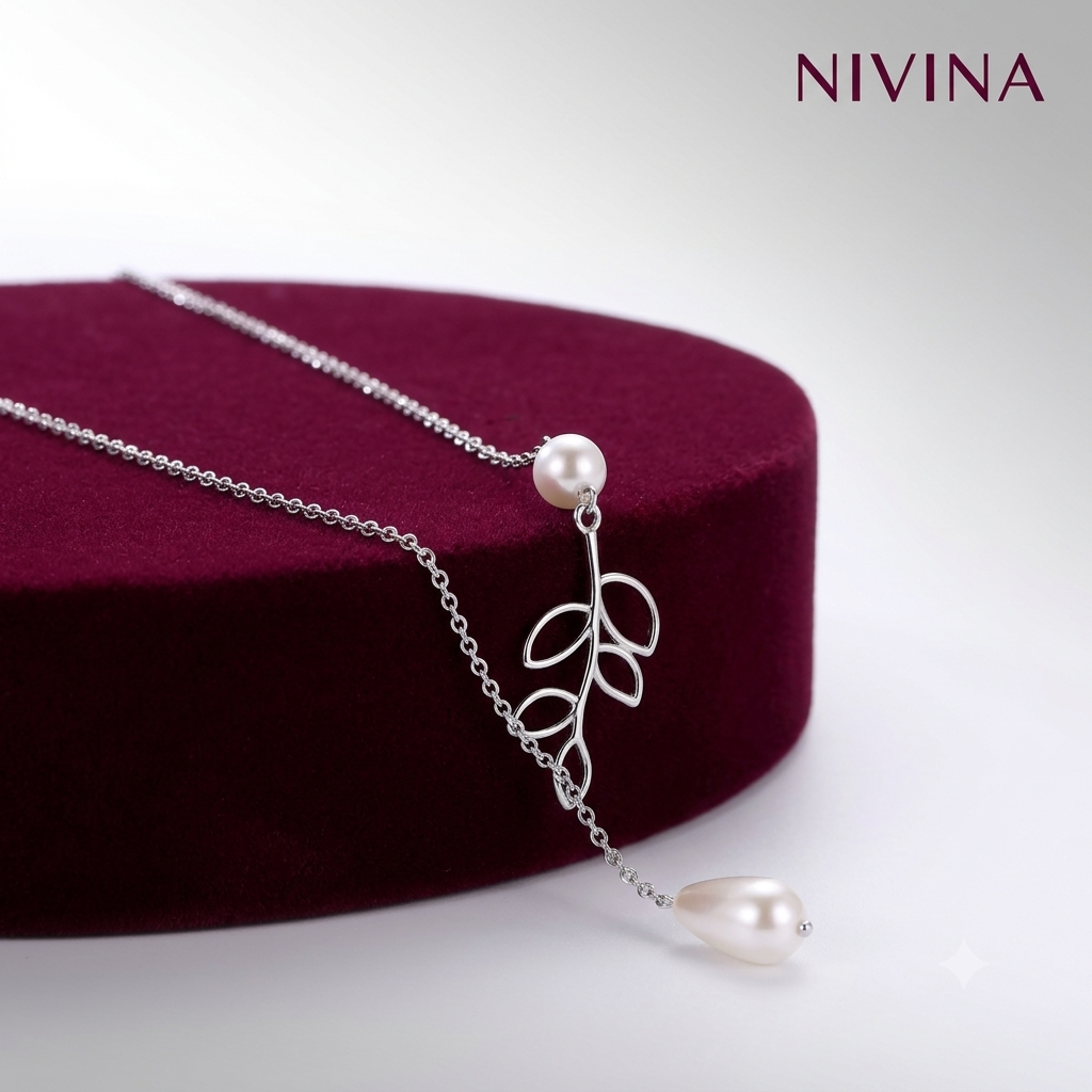 NIVINA 925 Sterling Silver Leaf Pearl Y Necklace for Women