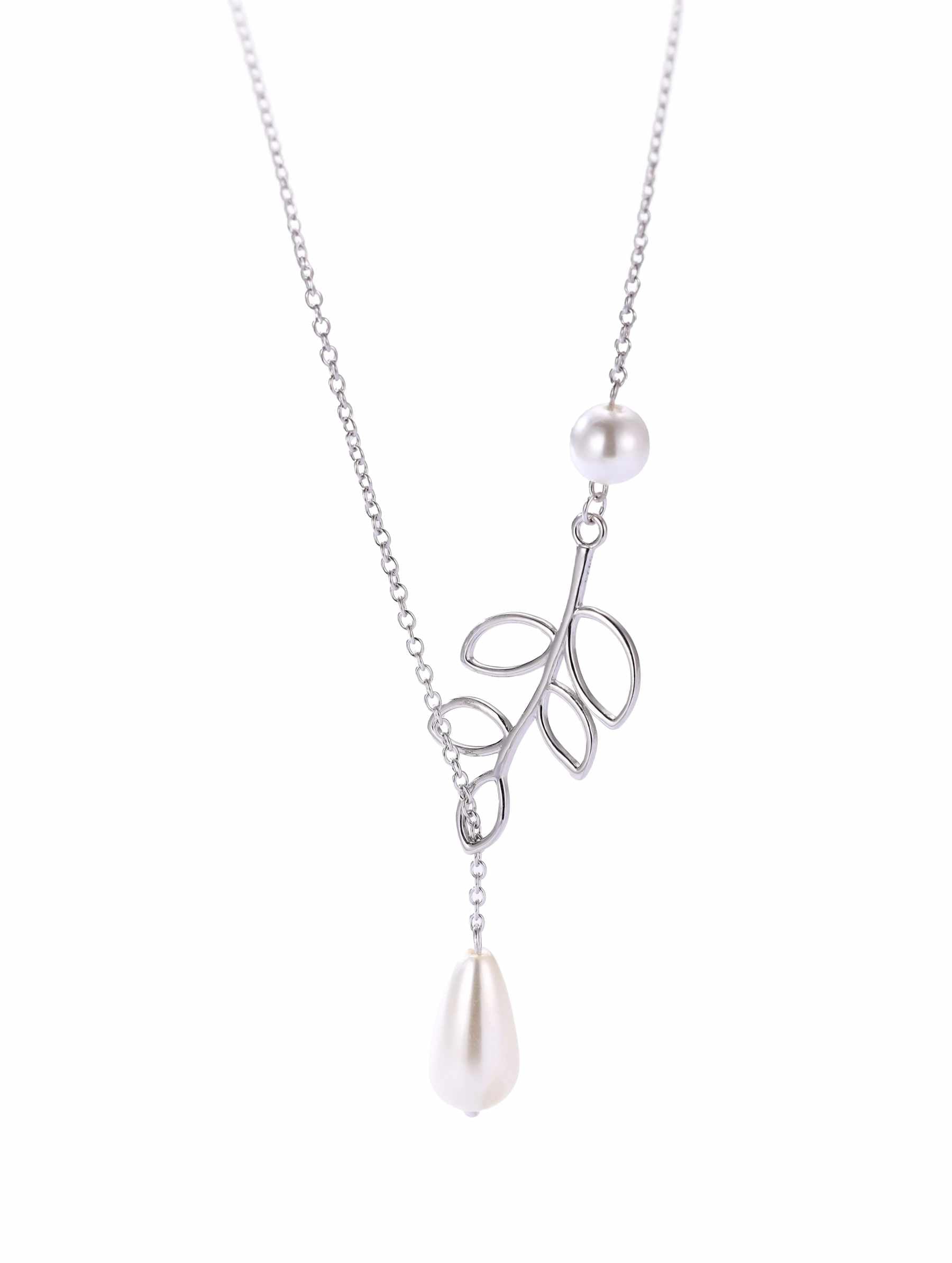 NIVINA 925 Sterling Silver Leaf Pearl Y Necklace for Women