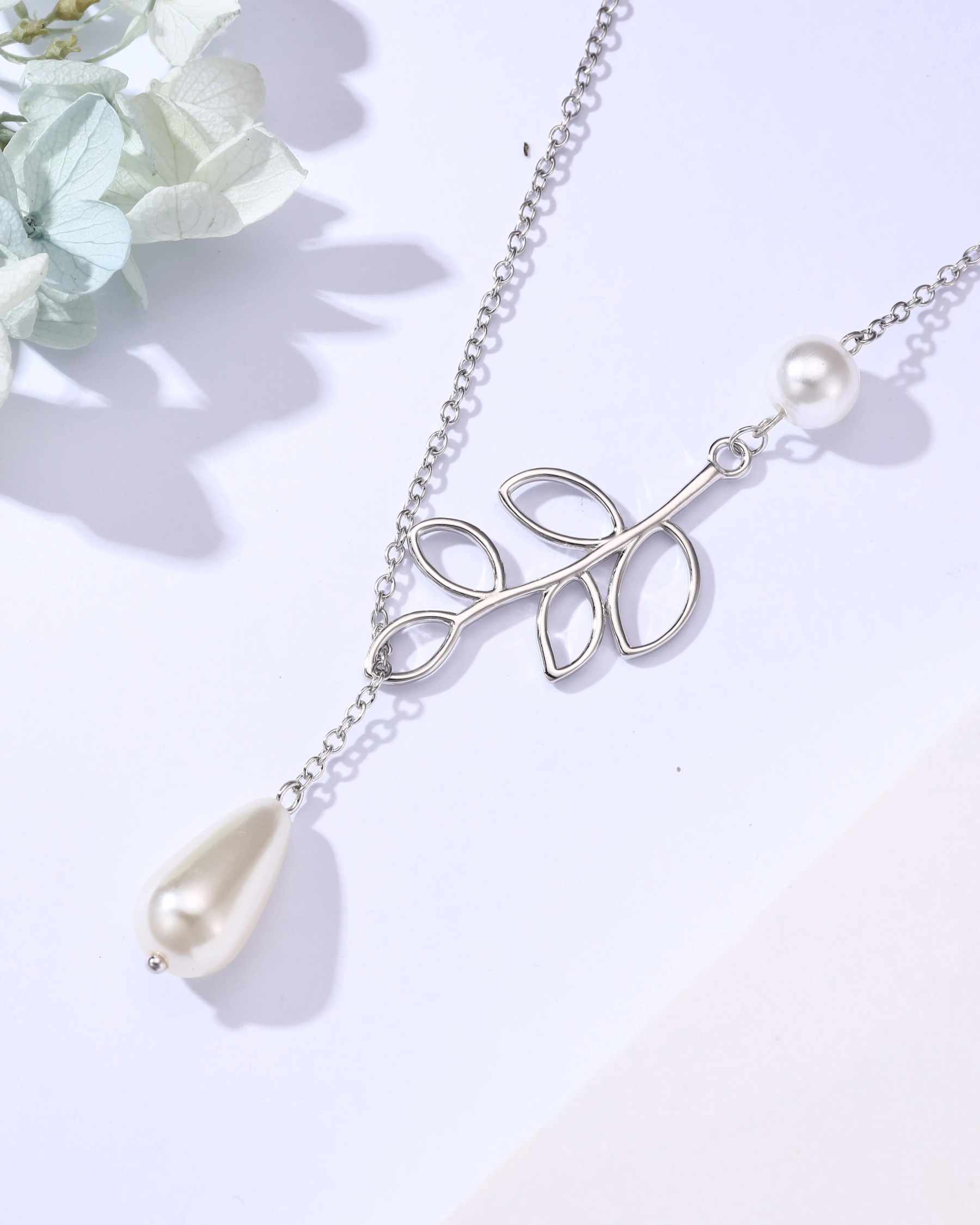 NIVINA 925 Sterling Silver Leaf Pearl Y Necklace for Women