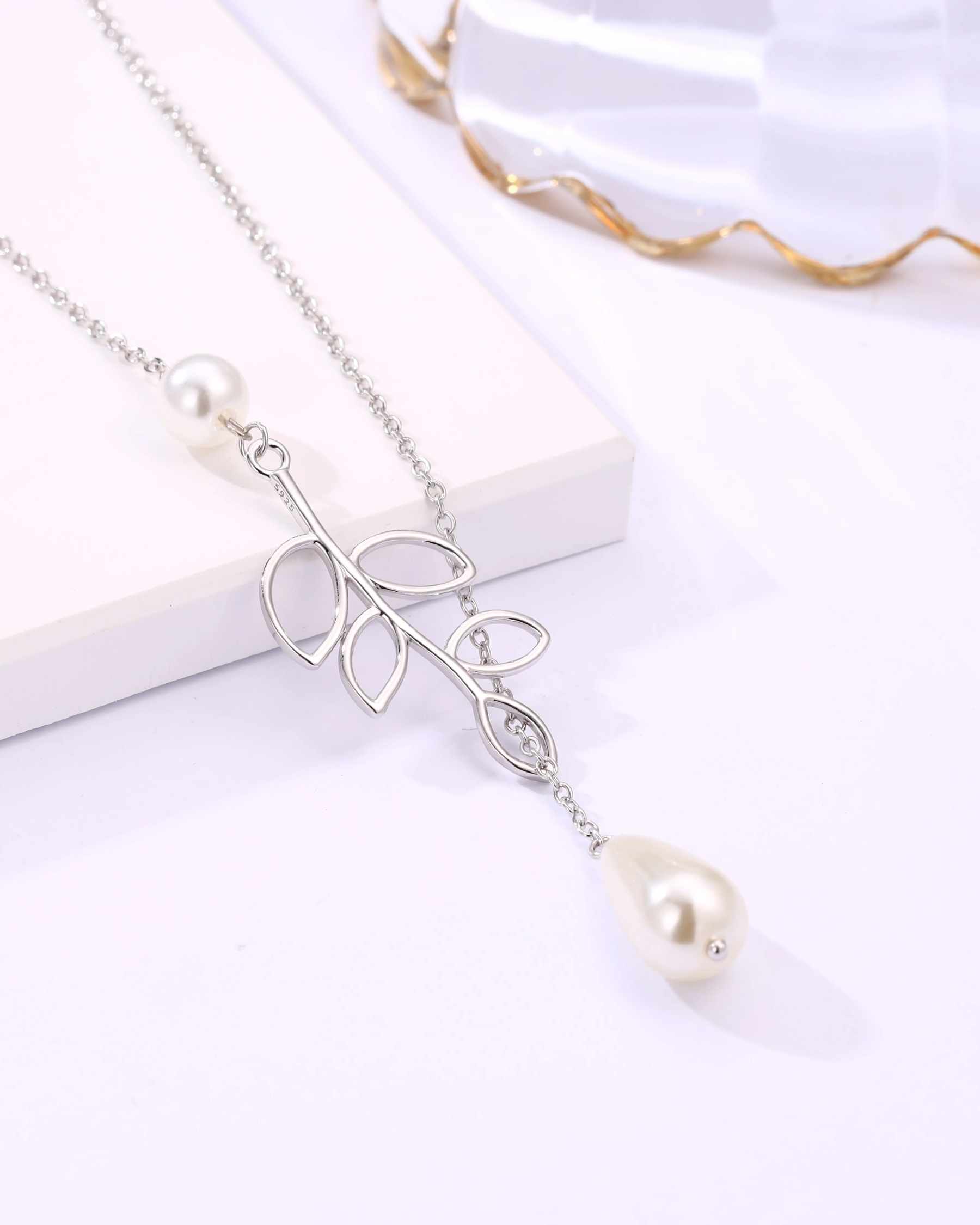NIVINA 925 Sterling Silver Leaf Pearl Y Necklace for Women